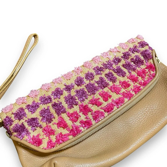 Fossil Preston Large Pink/Violet Straw Leather Fold Over Wristlet Pouch Clutch - Picture 3 of 12